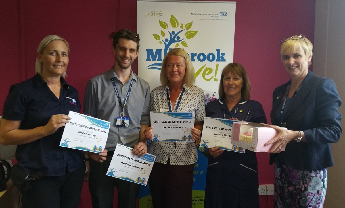 NottsHCCulture's tweet photo. @NottsHealthcare Ward Managers at Millbrook were nominated as #PositiveStars by @SimonBarnitt for their amazing efforts implementing SafeCare. As April's winners, today they have been thanked by Julie Attfield @Julieattfield1 and presented with certificates, badges & cakes โญ๏ธ https://t.co/QGaLf06hzb