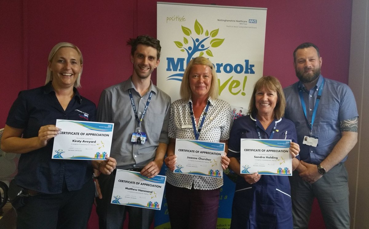 NottsHCCulture's tweet photo. @NottsHealthcare Ward Managers at Millbrook were nominated as #PositiveStars by @SimonBarnitt for their amazing efforts implementing SafeCare. As April's winners, today they have been thanked by Julie Attfield @Julieattfield1 and presented with certificates, badges & cakes โญ๏ธ https://t.co/QGaLf06hzb