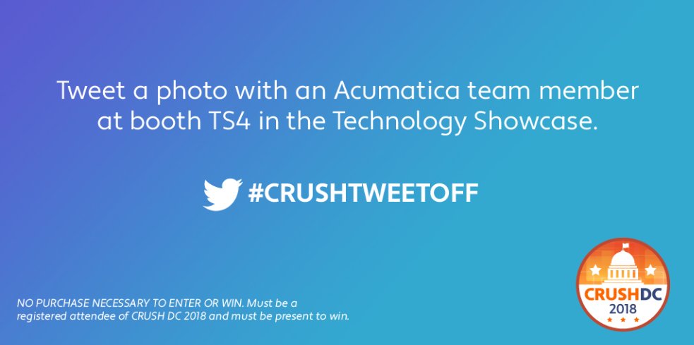 avalara's tweet photo. Ready for the next challenge in the #CRUSHTweetOff? Tweet a photo w/ an @Acumatica team member in front of their banner in the Technology Showcase (booth TS4). Remember to include #CRUSHTweetOff in your post. For rules + prizes: https://t.co/ahauiqqCDf #BetterTogether #Cloud https://t.co/Isft69z4HX