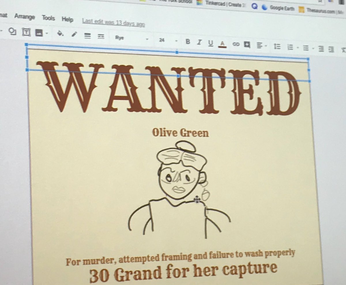 saraaspencer's tweet photo. A cool #googledraw Wanted poster 4 #neilflambe created @theyorkschool G5 s @kevinarts @SimonSchusterCA #yorklearns https://t.co/FJMrMsDswF