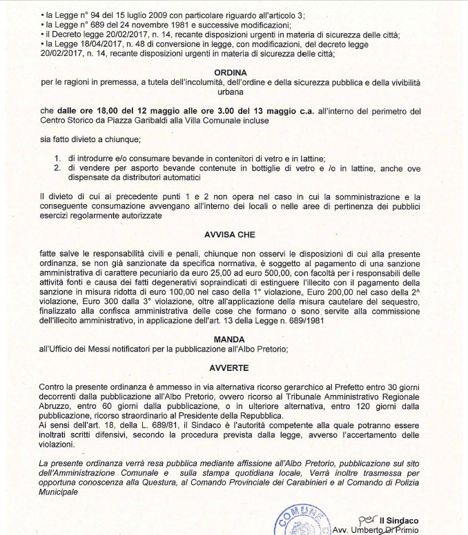 udiprimio's tweet photo. ORDINANZA N. 196 “MISURE A TUTELA DELL’INCOLUMITÀ PUBBLICA IN OCCASIONE DI #MALTATTACK” #CHIETI https://t.co/KeyPjiQUHr