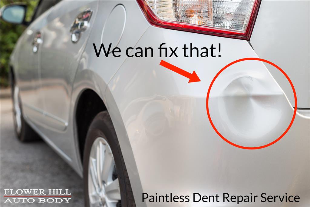 Want to fix a dent without damaging your paint? At #FlowerHillAutoBody, we have a paintless dent repair service that removes those unsightly dents without damaging the paint!   Give us a call or visit us online for info... bit.ly/2I7lNkm #paintlessdentrepair #goodasnew