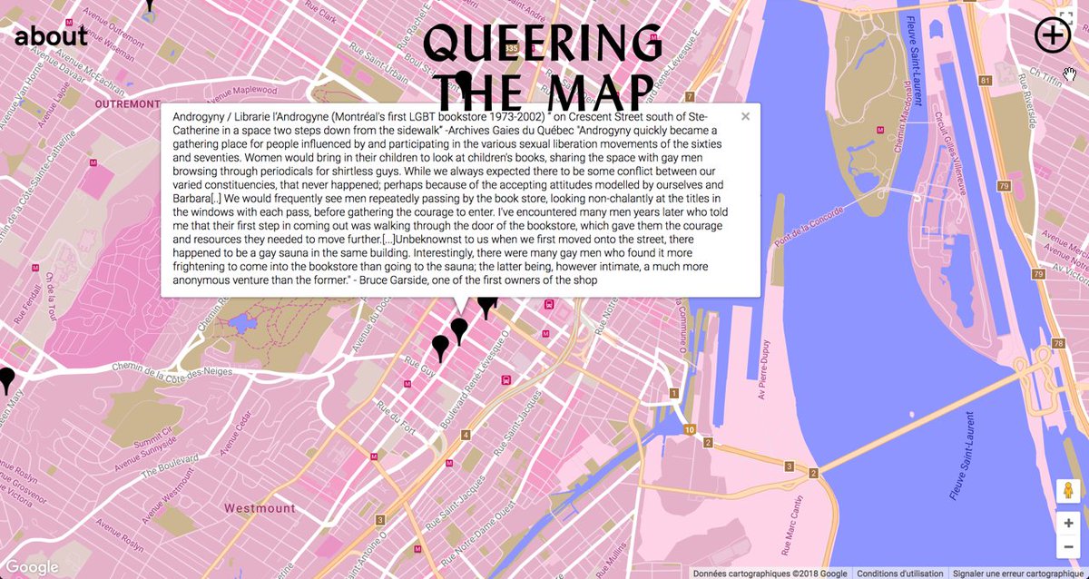 BiblioQC's tweet photo. «Queering the Map» bonne initiative communautaire! Cartographier les lieux et l'histoire #LGBTQ+. Racontez vos histoires! Ajoutez vos msouvenirs! #LGBT #Québec #Montréal
CC. @FierteMTLPride @FierteTransMTL @fondemergence @col_carrerose @ArcencielQc
https://t.co/Hvk8R79jxW https://t.co/gSf2FJz6GE