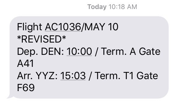 jonathantice's tweet photo. Strike another one up for @AirCanada - flight is now “not cancelled” but I just got an update at 10:18, letting me know the revised departure is 10:00. #clueless https://t.co/MzdyYpNbW5
