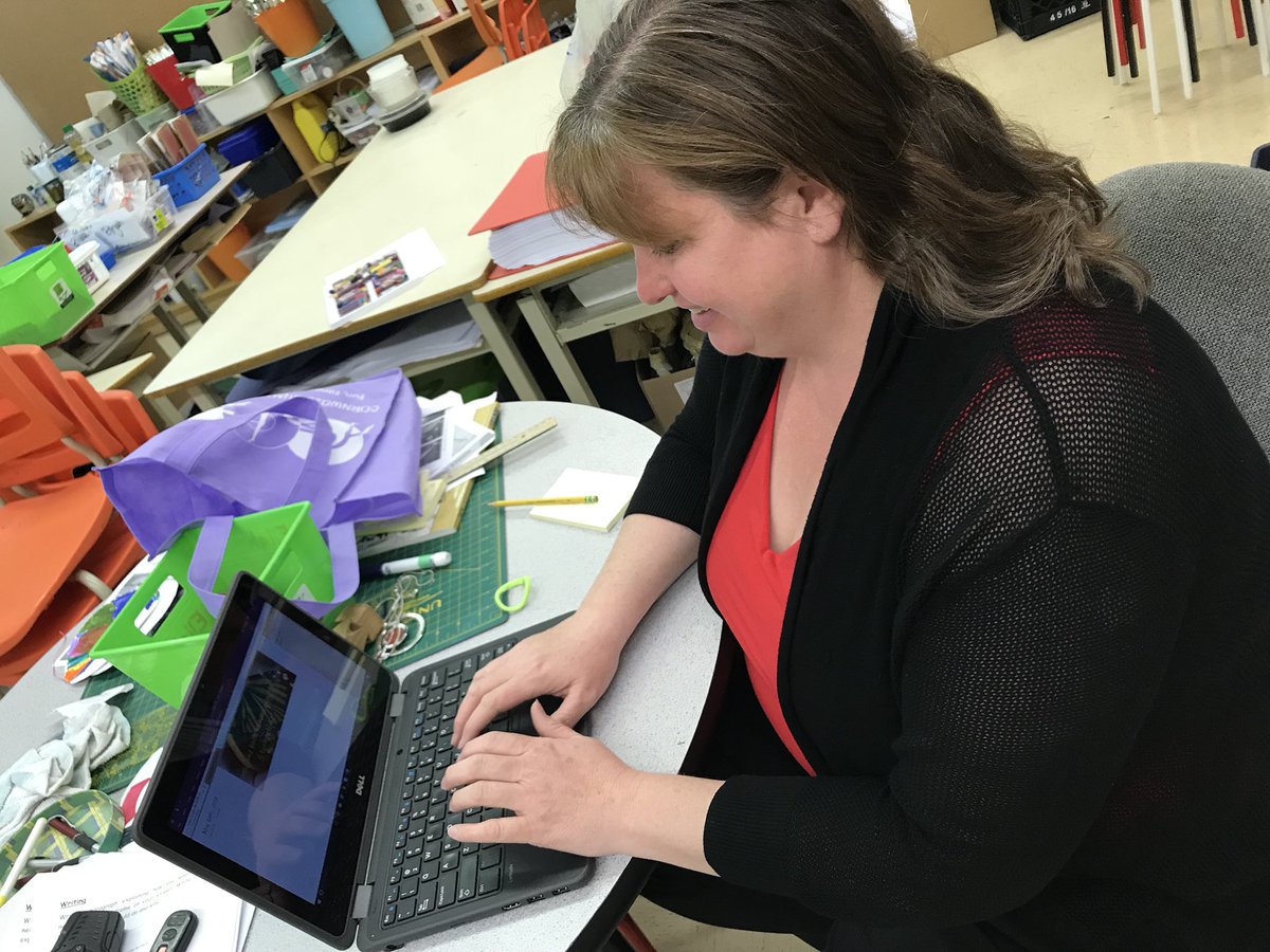 techitan's tweet photo. Heather Eligh at RO is trying out a new teacher device today. #UCDSB #UC_ITS https://t.co/JvXhu7l021