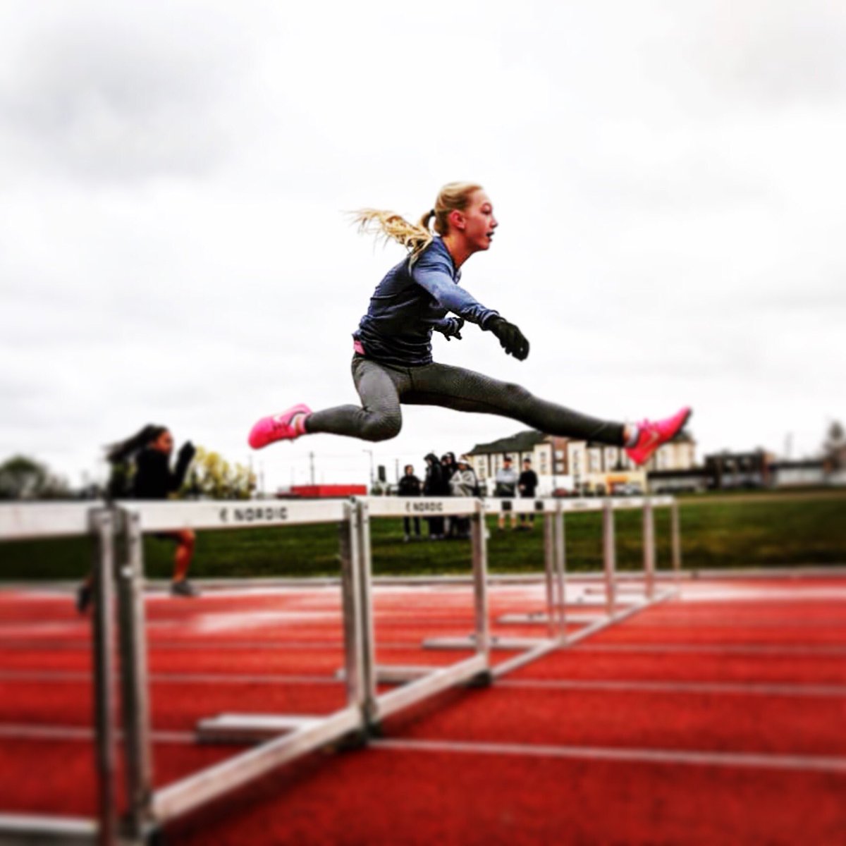 VimyAcademy's tweet photo. The weather isn't the only hurdle that our student-athletes need to overcome today at the 2018 JH #VimyTrack Day. #vimyraiders #epsb #yeg #co (Great photo Mr. Bouchard!) https://t.co/r0CaLtpkc5