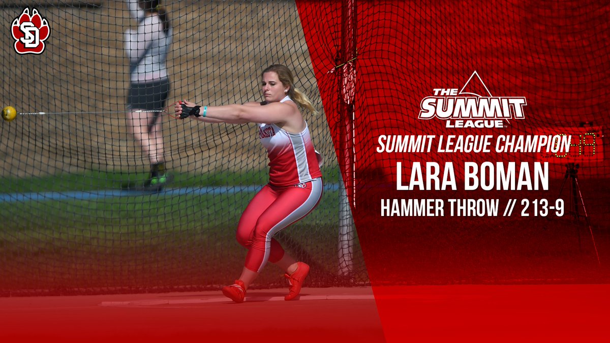 SDCoyotesXCTF's tweet photo. Three PR throws. A Summit League Championship record and USD school record. The Yotes first-ever Summit champion in the hammer throw. Congrats, Lara! #GoYotes https://t.co/DHUukqqady