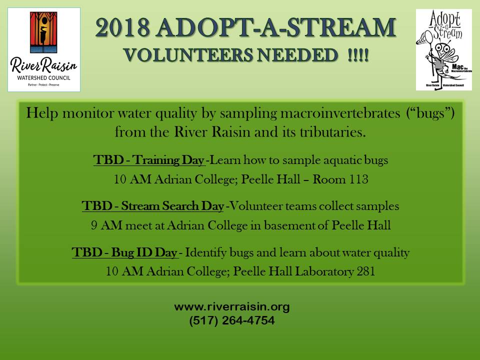 With the high river levels and more rain in the forecast, we are postponing the Adopt-A-Stream days until further notice. Our volunteer's safety is of our utmost importance. We hope to get new dates out, if possible!