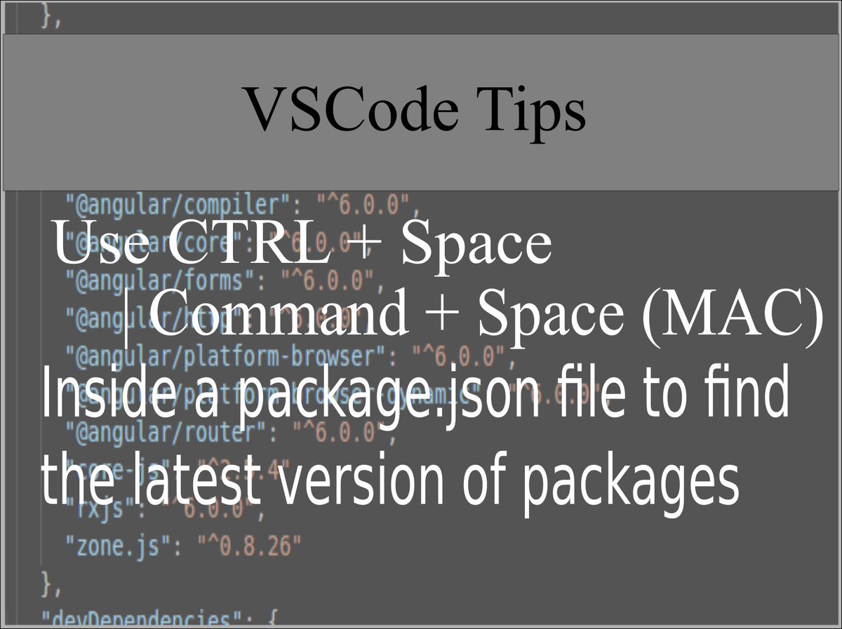 ahmedbouchefra's tweet image. #vscode #vscodetips Use CTRL + Space or Command + Space to find out the latest available version of packages inside a package.json file