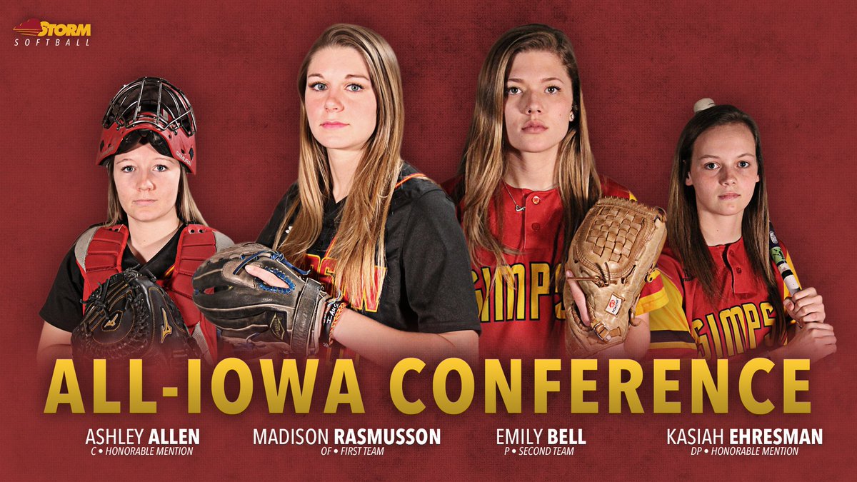StormSports's tweet photo. Madison Rasmusson (1st team), Emily Bell (2nd team), Ashley Allen (HM) and Kasiah Ehresman (HM) represent @SCStormSoftball on the 2018 All-#IIAC Team.
More | https://t.co/tc6Uufa9pP | #d3sb https://t.co/C4XGqmAGwv