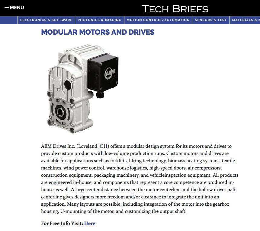 ABMDrivesInc's tweet photo. Thanks to NASA Tech Briefs for promoting our Modular Gearmotor Manufacturing #gearmotor https://t.co/DK8jNj8uW9 https://t.co/ht7WiaH2Bh