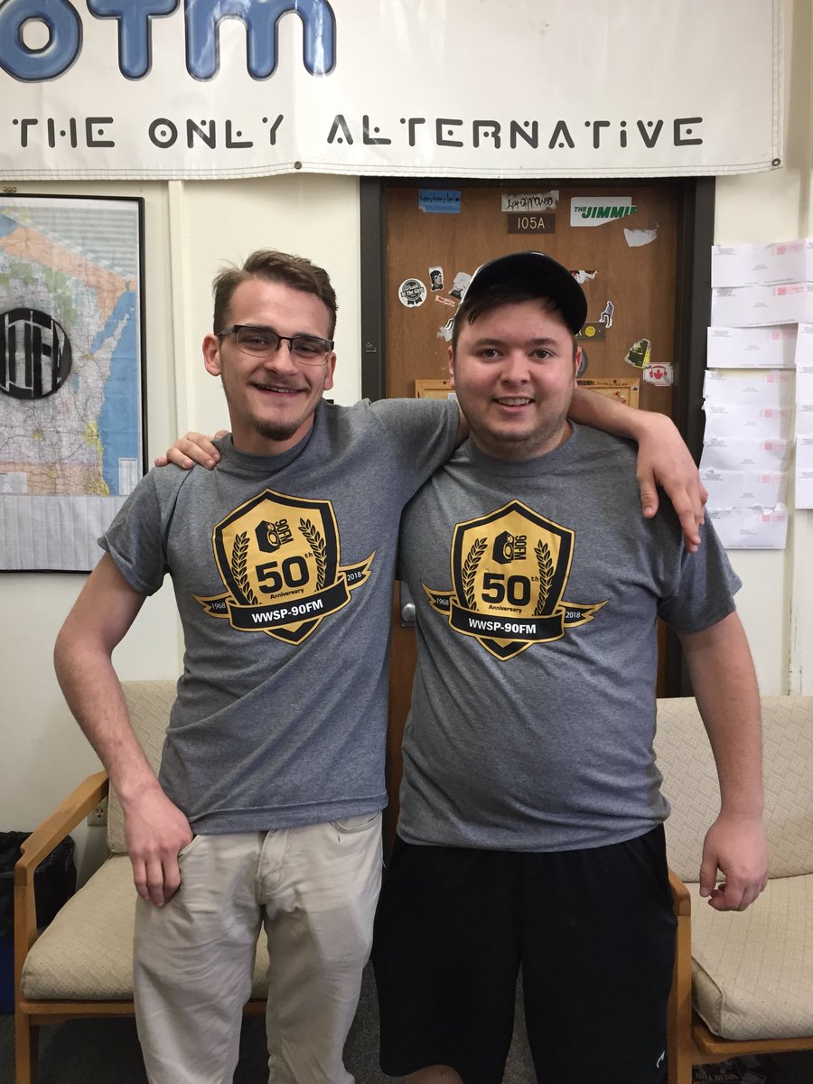 WWSP90FM's tweet photo. Check out these slick 50th Anniversary t-shirts! We’ll be selling these for $15 next week Wednesday, May 16th, from 10am-4pm in the DUC concourse. If you can’t make it down to campus to purchase a shirt, you can contact our PR Director Ben Kurowski at wwsppr@uwsp.edu. #90Turns50 https://t.co/B1C4EplCMF