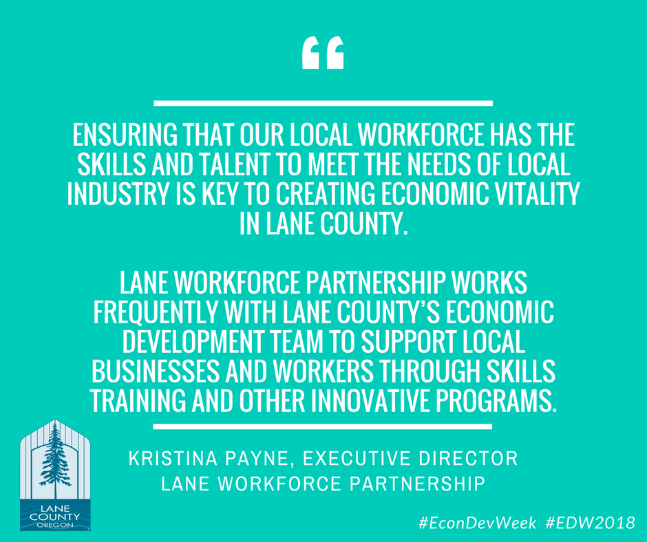 LaneCountyGov's tweet photo. Lane Co. Economic Development partners with @LaneWorkforceP to provide Regional Training &amp; Innovation Program. Since 2015, Lane Co. has funded trainings for groups incl. @OMEPOregon, @WesternShelters, @foodforlc + more. #EconDevWeek #EDW2018 https://t.co/c0oKMOEJeu