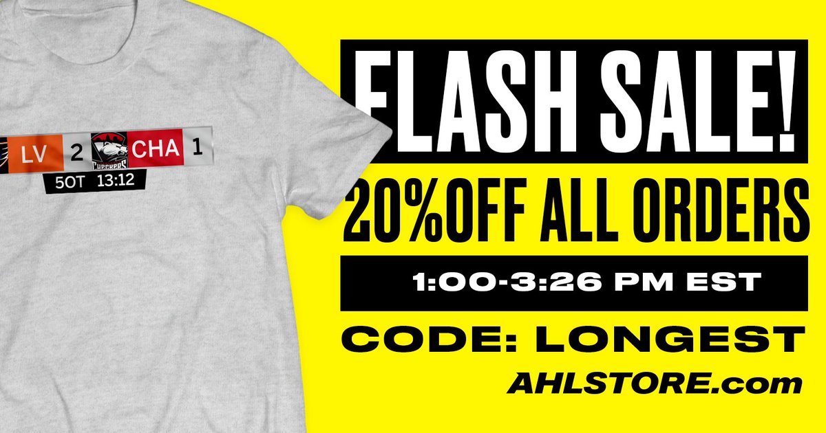 TheAHL's tweet photo. After last night's marathon 5OT game, the new record for the longest game in AHL history is 146 minutes.

To celebrate, take 20% off anything in the AHL store with the code LONGEST for the next 146 minutes!

🚨 https://t.co/sttDJpUZgC https://t.co/K5FMJSQcRw