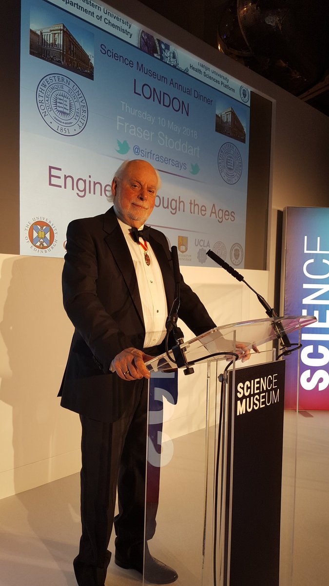 RogerHighfield's tweet photo. Warm welcome to the @sciencemuseum's guest of honour at our annual dinner, the mighty molecular mechanic Sir Fraser @sirfrasersays ! https://t.co/t36t1sDa9E