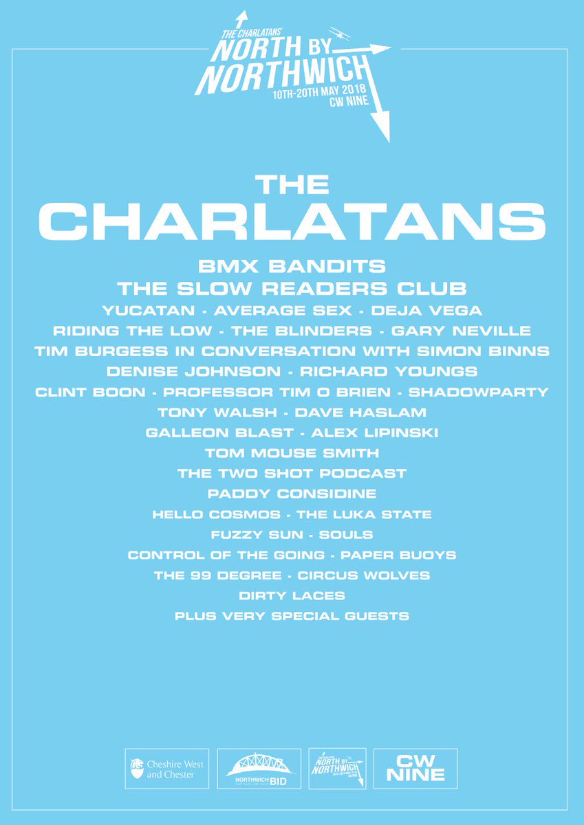 The99Degree's tweet photo. Aaaand we're off! A top-notch next ten days coming up at #NorthByNorthwich with @thecharlatans, our amigos @COTG_ &amp; @paperbuoys and looking forward to catching @slowreadersclub &amp; @averagesexband amongst others. Plus... @Mr_Dave_Haslam in conversation with @GNev2! 🔴⚪⚫ #CWNine https://t.co/h8pd1n15iG