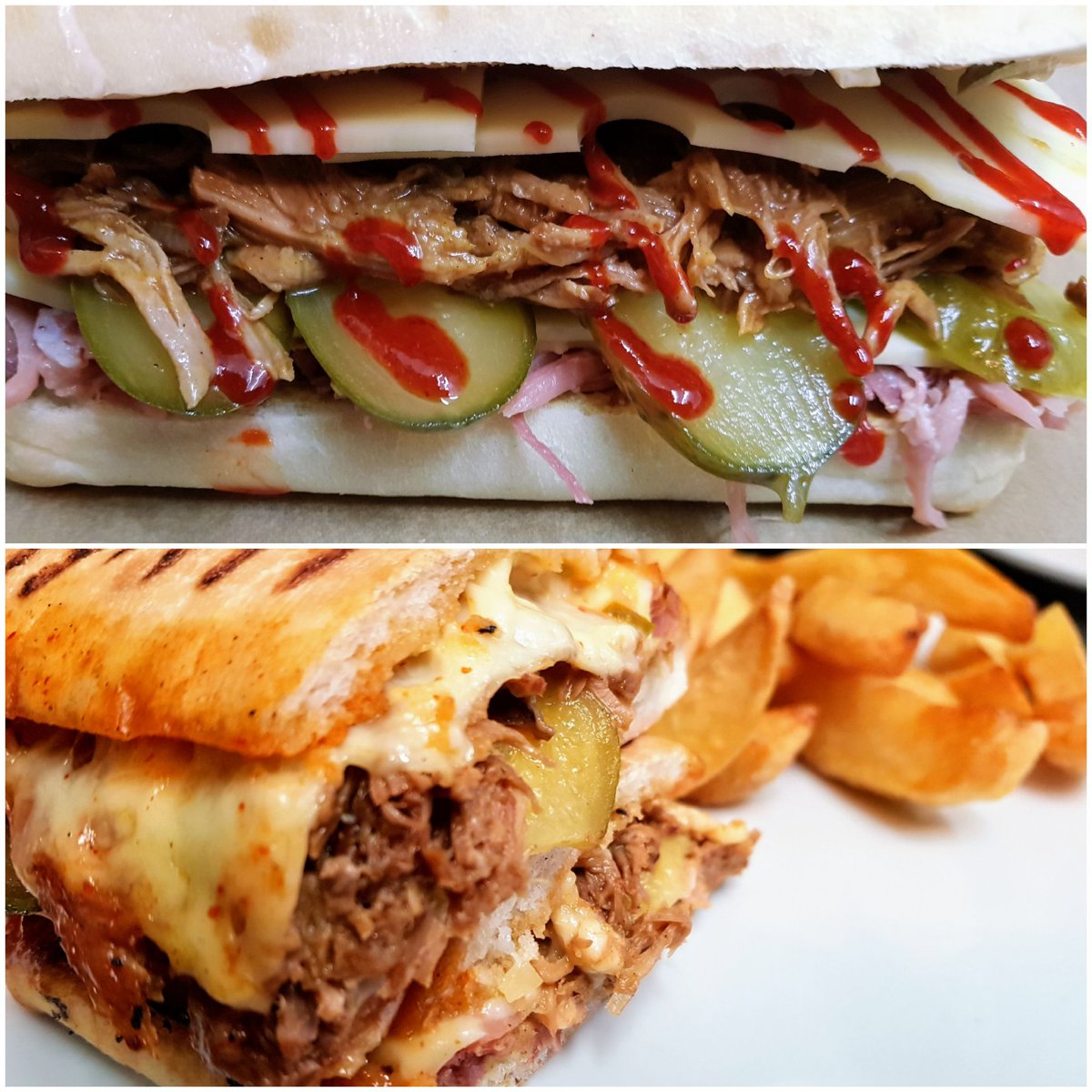 ChefInCardiff's tweet photo. The Cuban Sandwich....Ham Hock....BBQ Pulled Pork....Cowboy Pickles...Emmental Cheese...Sriracha Sauce....In A Pressed Roll #OnUntilTheyGone #CantonSunshine https://t.co/PtoDn7AK4v