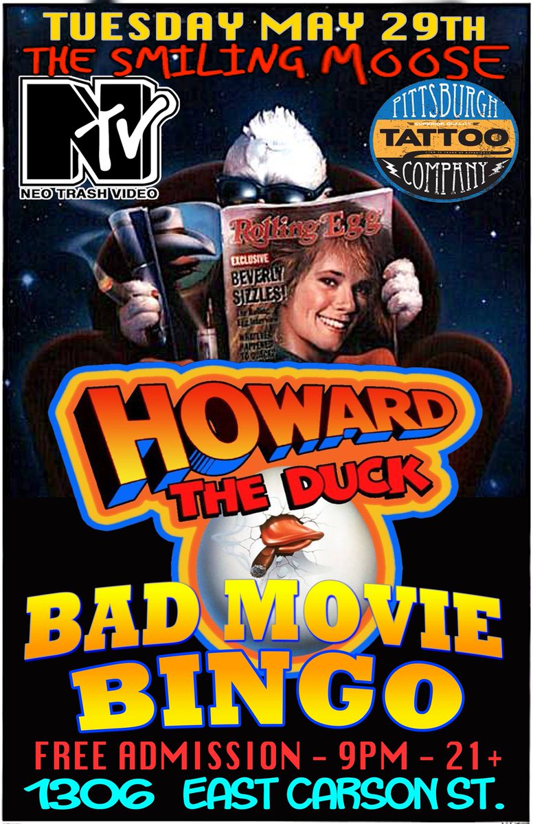 NeoTrashVideo's tweet photo. You asked for it, you got it! Everyone's favorite oversized lewd duck is the star of this month's Bad Movie Bingo! 9pm on the 29th at @TheSmilingMoose! No cover, but we got prizes, so that's pretty sweet. https://t.co/FsWlZyqZc6