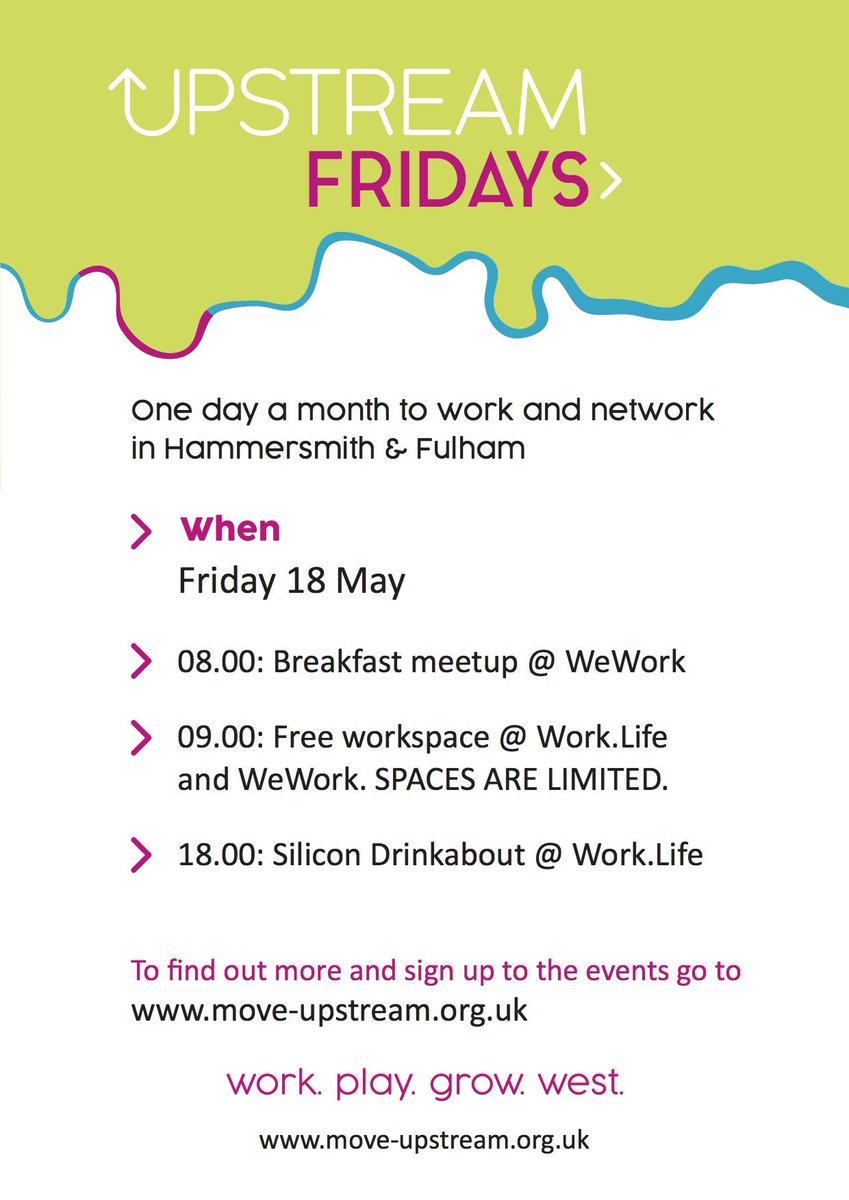 HelloUpstream's tweet photo. LAUNCHING #UpstreamFriday on 18 May.  Live #west #London? Join us for #breakfast @WeWork , #free #coworkingspace &amp; @siliconrounduk @workdotlife  Discover #Hammersmith #tech #Entrepreneurs #startups #creative https://t.co/7IxYV5esul