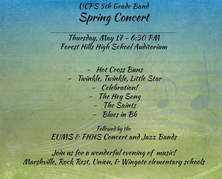 MarshvilleESNC's tweet photo. Please join us for a wonderful evening of music @ForestHillsHS from 5th grade to 12th grade, concert and jazz bands!! #WhyMyCluster @AGHoulihan @Renee_McKinnon1 https://t.co/1DkPToPUnA