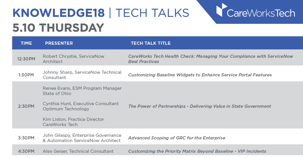 CareWorksTech's tweet image. Last day at #Knowledge18! Come by our booth (#1229) today to join one of our Tech Talk sessions! @servicenow 
#Know18 #ServiceNow