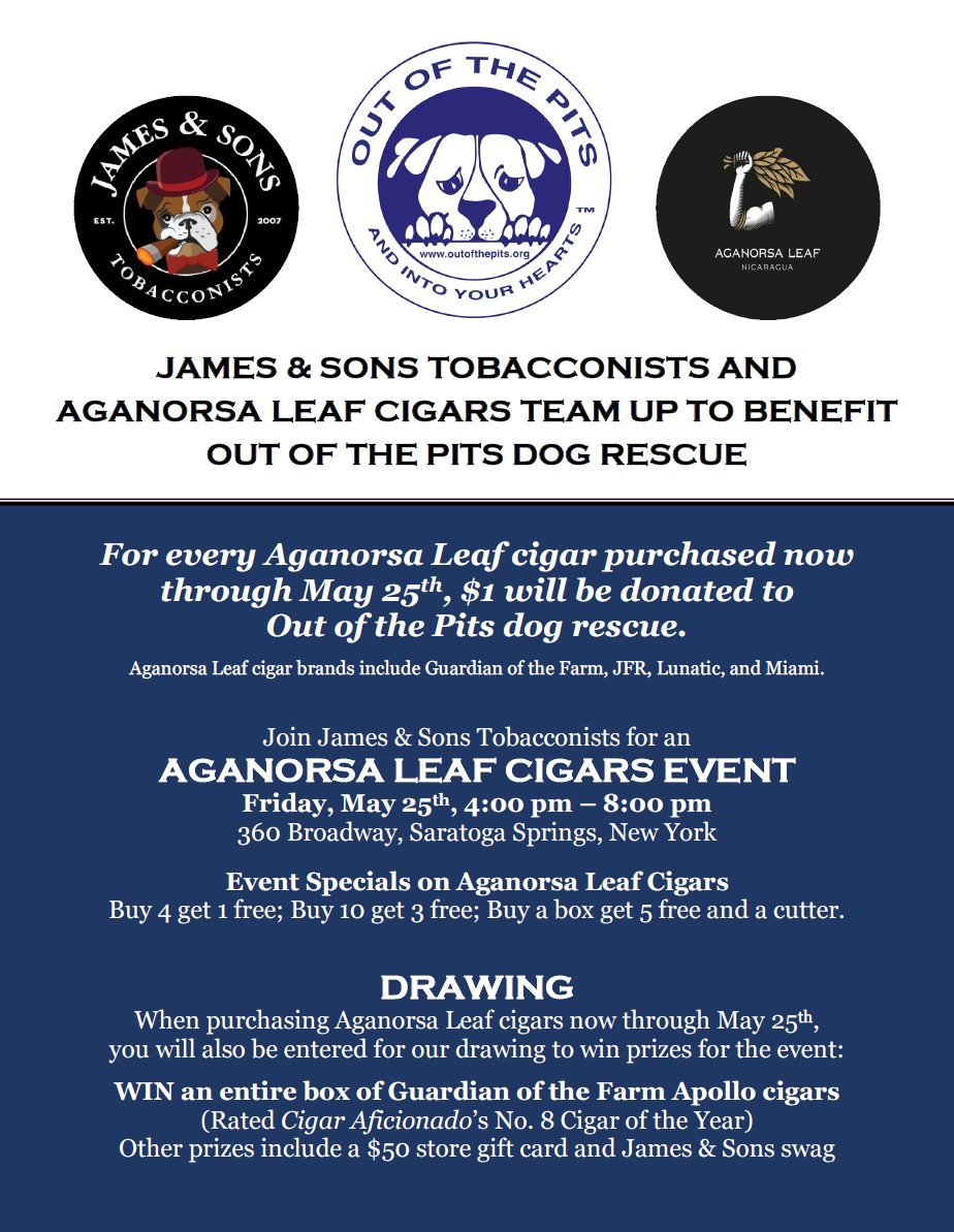 Join @JamesnSonsCigar and #AganorsaLeaf cigars in supporting @outofthepits dog rescue. @ManchesterTCo @casafernandez #MiamiCigars #GuardianOfTheFarm #JFR #Lunatic #DogRescue