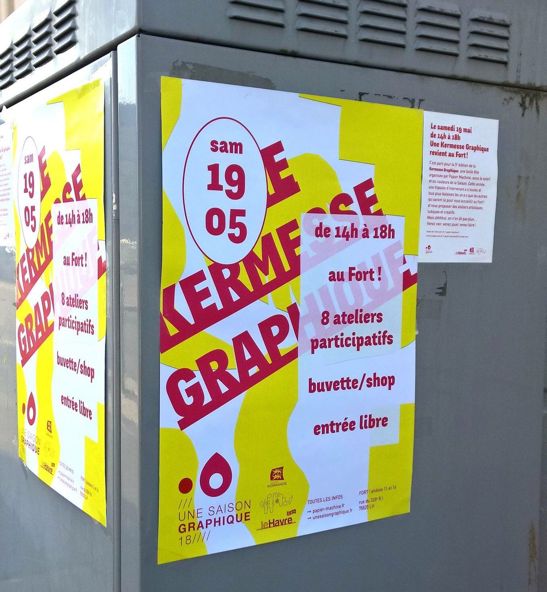 Saisongraphique's tweet photo. Samedi 19 mai, rdv à la kermesse graphique au @FORTtourneville et participez à 8 ateliers avec 15 artistes. Tout ça gratuit ! 😀 #usg18 #kermesse #graphisme #lehavre #papiermachine https://t.co/gxmU8zP7Y8