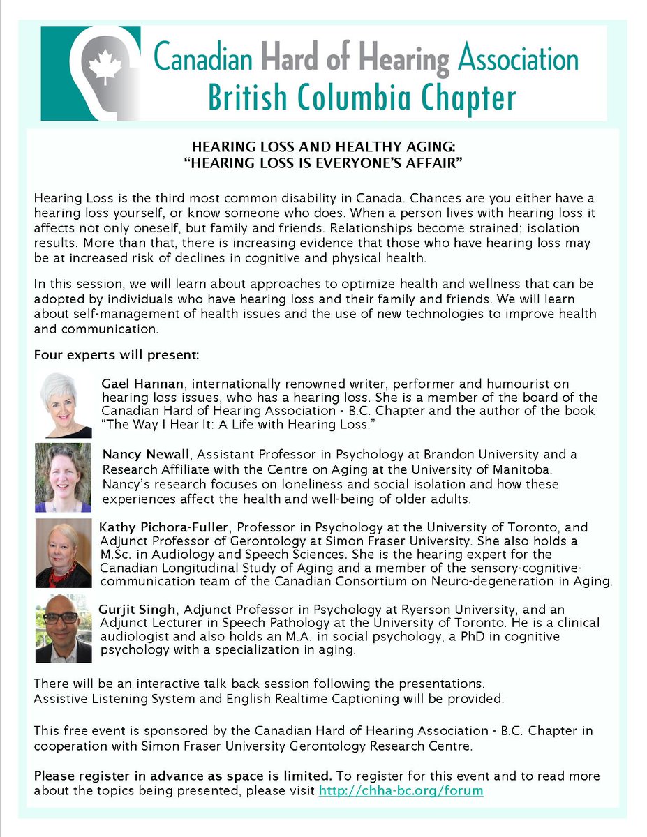 CHHABC's tweet photo. You are invited to a FREE PUBLIC FORUM on Hearing Loss and Healthy Aging! Join the CHHA-BC Chapter on Saturday, June 2nd at SFU Harbour Centre for an afternoon of informative presentations! View the attached posters for more information and register at: https://t.co/hDUhkVHZqq https://t.co/ZiakOHc9Gm