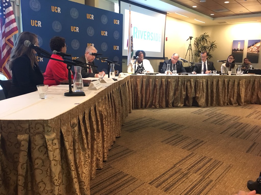 AsmMarcBerman's tweet photo. #ThrowbackThursday to last Friday’s #CAMasterPlan hearing at @UCRiverside. TY @AsmJoseMedina & @AsmShirleyWeber for joining to discuss faculty & staff concerns including faculty #diversity & supporting all staff who create the #highered experience. #tbt https://t.co/KJ0E29O1Ou