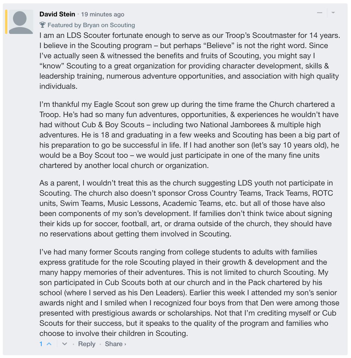 bryanonscouting's tweet image. I read every comment that gets posted on our blog. I thought this one, posted on our article about the LDS church announcement, was particularly insightful.