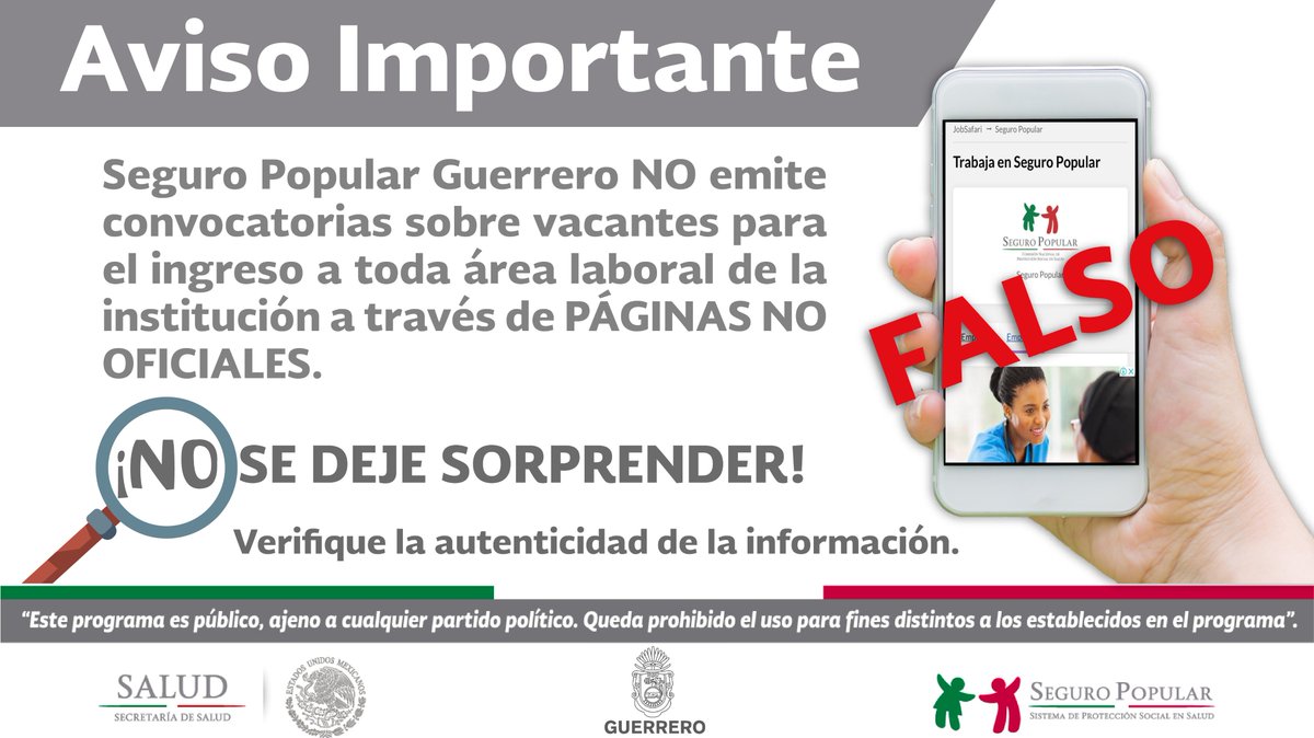 gro_sp's tweet photo. A la comunidad en general no se deje sorprender. Se han detectado paginas falsas donde se han publicado, a nombre del Seguro Popular Guerrero, convocatorias para concursar a puestos laborales para diferentes áreas de la institución en diversas ciudades del estado. https://t.co/PrcsytLLLo