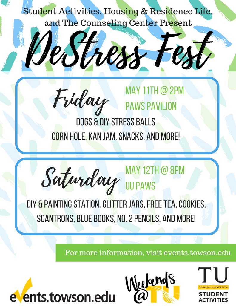 weekends_at_tu's tweet photo. Come out and DeStress with us this weekend before finals at DeStress Fest! Happening this Friday, May 11 at PAWS Pavilion starting at 2 pm and Saturday, May 12 at UU PAWS! There will food, games, activities and more! See ya there ! #weekendsattu https://t.co/6MLX4qgw0W