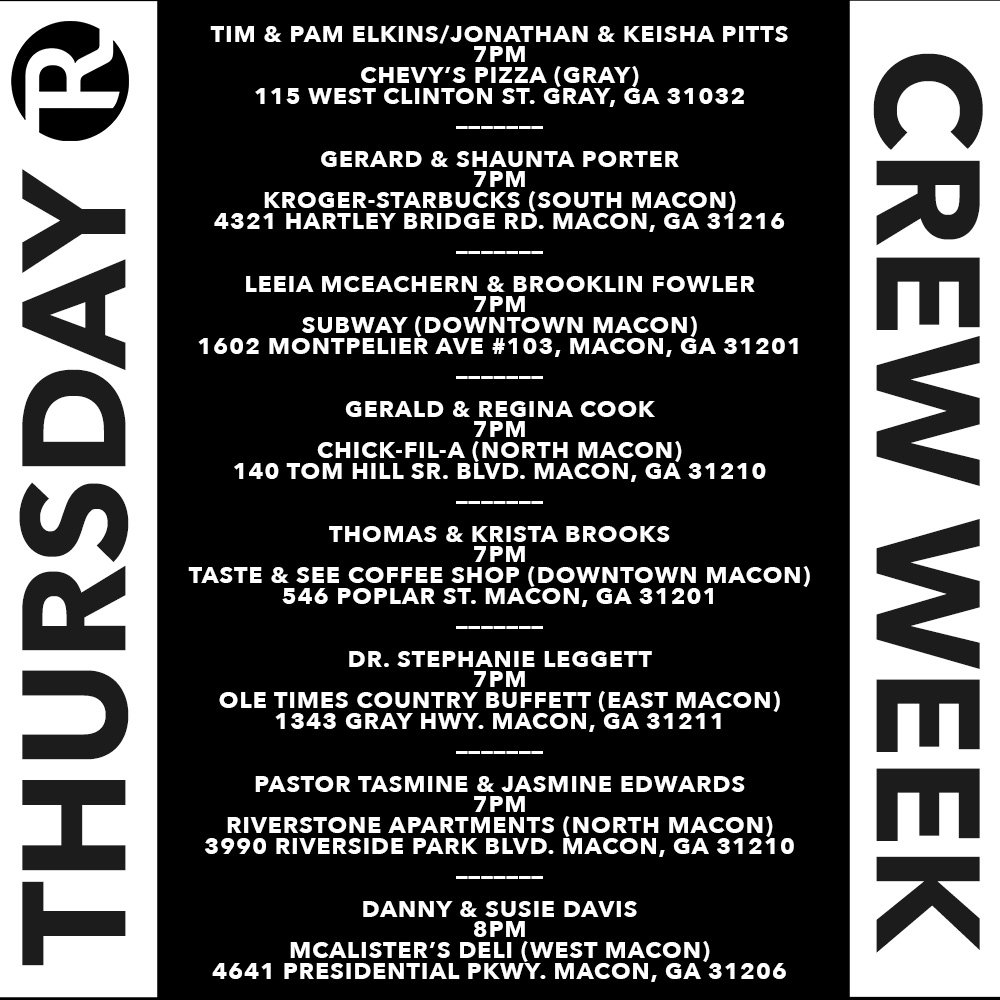 Reallifemacon's tweet photo. Crews are meeting again tonight! Here are the crews that are meeting and their locations! You don’t have to sign up, simply show up tonight at a Crew near you! Visit https://t.co/wteEAP98LQ to see all locations meeting tonight. 
#CrewWeek #BetterTogether https://t.co/rH7Z5ZHcbb