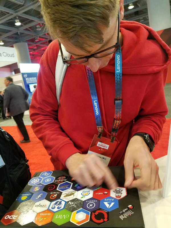OpenAtMicrosoft's tweet photo. .@mangirdas laptop sticker collage is on point! Literally… precise work lining up all those points!
You can get his latest addition, the Brady #ninjasloth, at the Azure booth today, for the next few hours. #RHSummit
❤️ 🐧@RedHatSummit https://t.co/eEfZHloBXk
