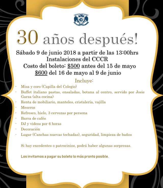 ExCCCR's tweet photo. ¡30 años después! Comida de Aniversario Generación 1985-1988. Sábado 9 de junio, 1:00 PM. Compra tu boleto cuanto antes al WhatsApp (33) 1743-0212 con Ana Karina. https://t.co/mIzEQJxU6b