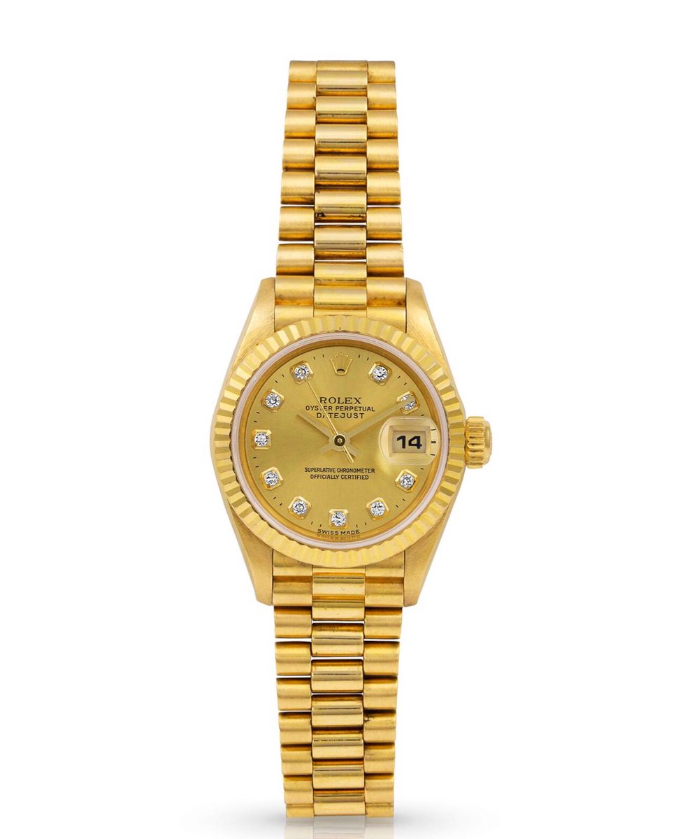 Ladies 18K Champagne Diamond Dial Rolex Presidential #Diamonds  #Carats #Rolex #Presidential #Champagne #Dial #deBellaFineGems #JewelryArt