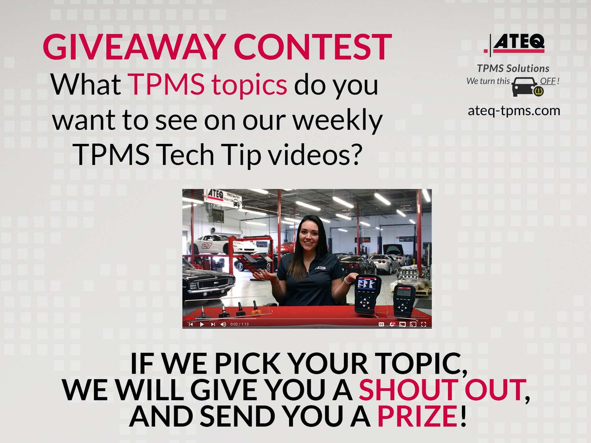 ATEQTPMSGlobal's tweet photo. GIVEAWAY CONTEST: We want your opinion! What are some TPMS topics you'd like to see on our weekly TPMS tech tips? If we pick your topic, we will send you a prize! Post your ideas in the comments or send us a message. #giveaway #ateqtpms #tpms #techtips #ateqgiveaway #tpmstechtips https://t.co/XtQSHeu1JF