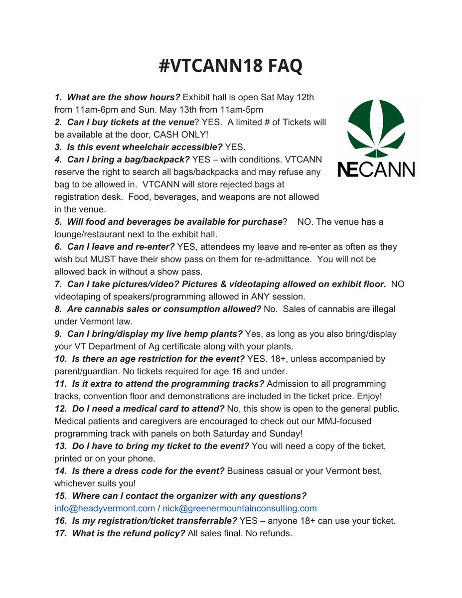 NE_CANN's tweet photo. All your ❓s have been answered...
Download the #VTCANN18 FAQ .pdf:
https://t.co/bQDlaTP7UG
See you this weekend! #cannabiz #vtpoli #UVM #BurlingtonVT #hemphealth #HempOil #natural #wellness #cbdheals #CBDOil https://t.co/FiJw3TUg8X
