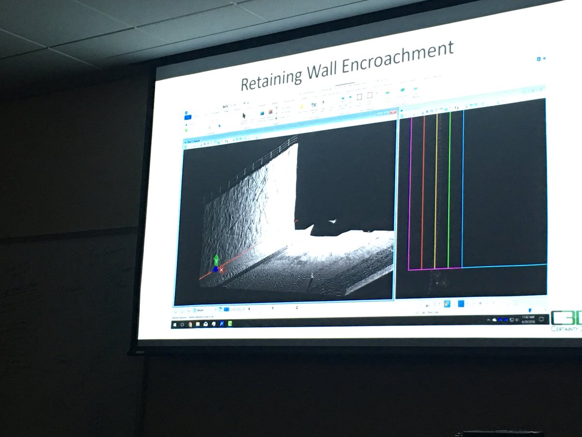 Ted demoing the latest alaysis tools in #TopoDOT: #retainingwall #encroachment - has the wall moved? Tilted? Would you like to know? Yes! 😊  #mobilemapping #laserscanning #construction