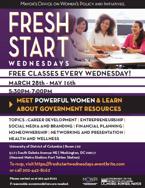 DCMOWPI's tweet photo. Are you looking for a techniques to keep your peace or ways to manage your stress? Join us for our FINAL Fresh Start Wednesday workshop on Mindful Mediation & Stress Management with @drylragland! RSVP here: https://t.co/qYusuuctZX #GloUpAtFSW https://t.co/QhRygh2F2S
