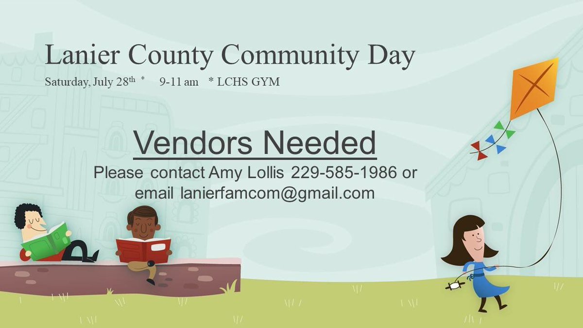 lanierfamcom1's tweet photo. Lanier County Community Day is Saturday, July 28th from 9-11 am. Our goal is to send our kids back to school 100% ready for their first day. Please contact us if you want to be a vendor.  @LanierCoSchools @gafcpNews  #community #BTS #backtoschool #School #backtoschool https://t.co/ftCDN2XhUK