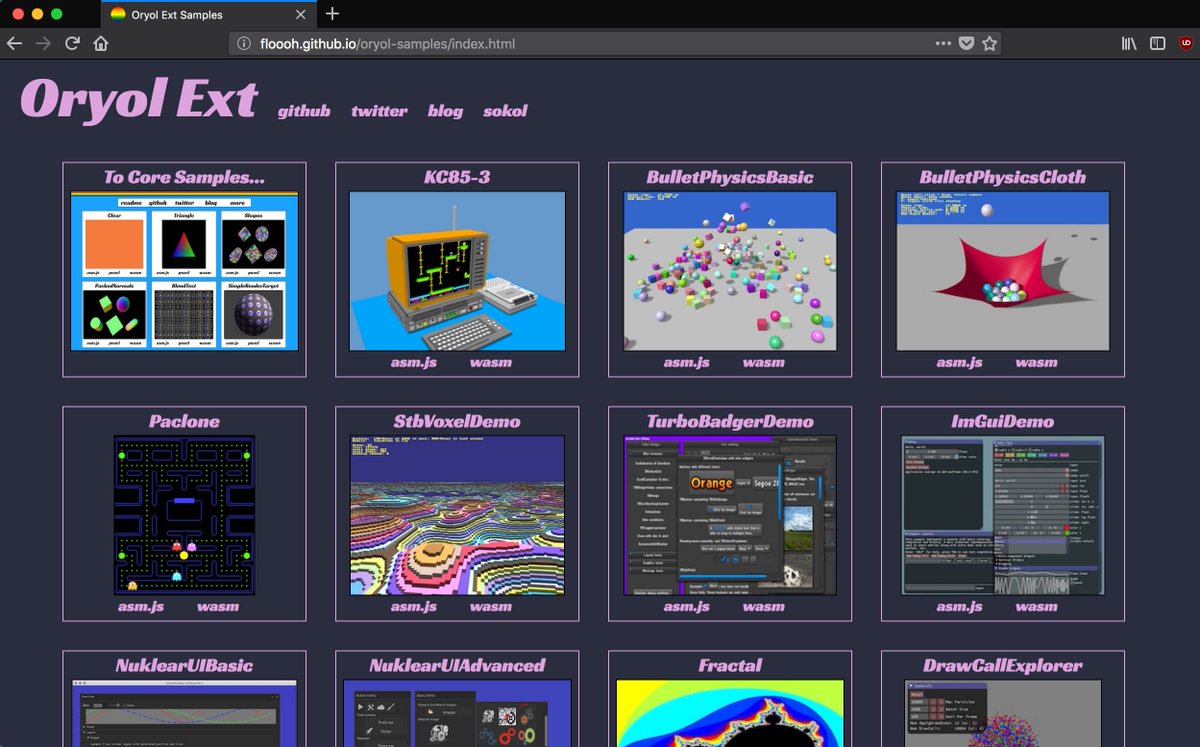 FlohOfWoe's tweet image. I have &apos;unretrofied&apos; all my #asmjs / #wasm sample webpages a bit, and all samples are now responsive to size changes:

floooh.github.io/oryol/
floooh.github.io/oryol-samples/
floooh.github.io/sokol-html5/