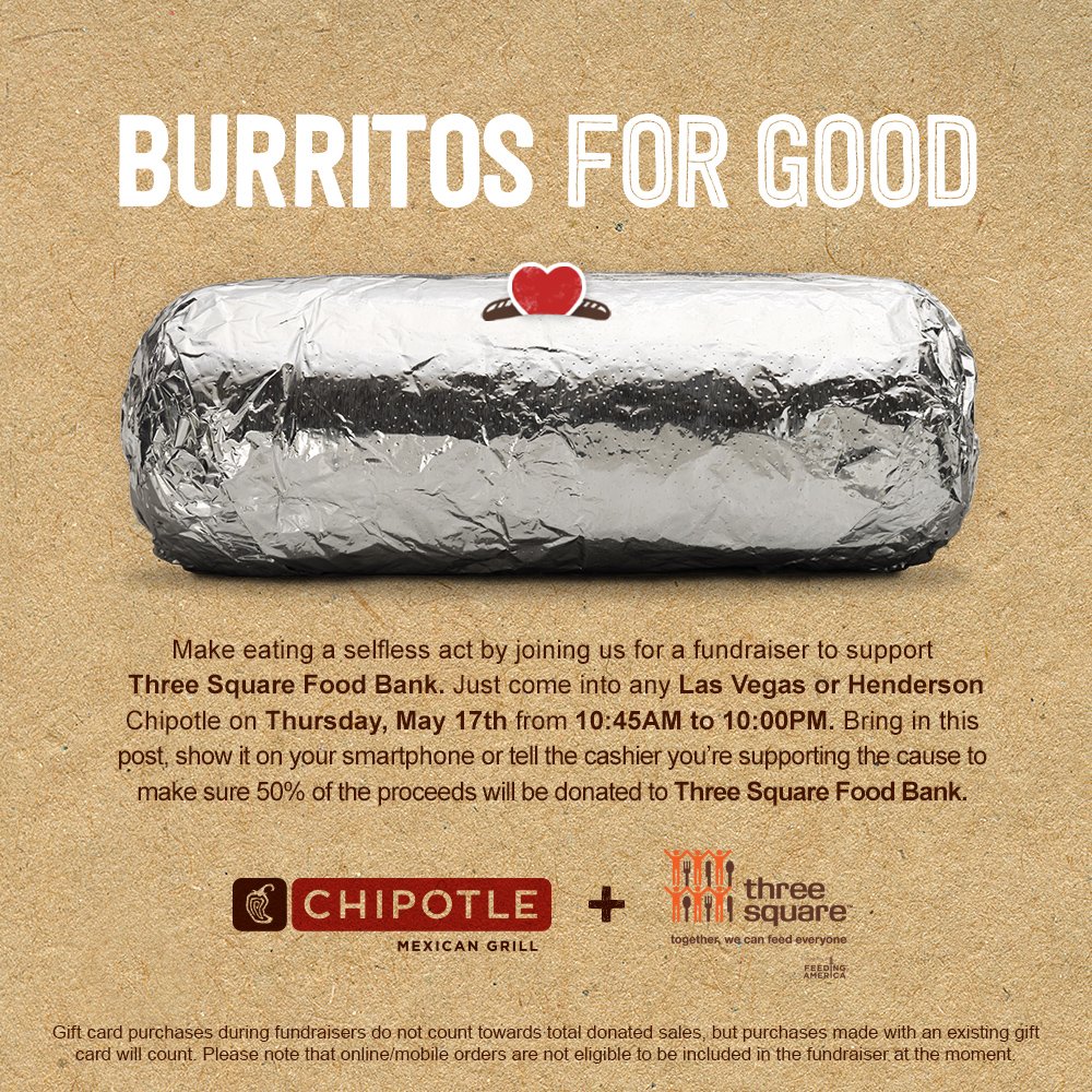 threesquareLV's tweet photo. Next Thursday, dine at your favorite #Chipotle anywhere in Las Vegas and Henderson in support of our food insecure neighbors. Show this post to the cashier and 50% of proceeds will be donated to Three Square. https://t.co/5k2257H3zy https://t.co/FUzPe04uIS