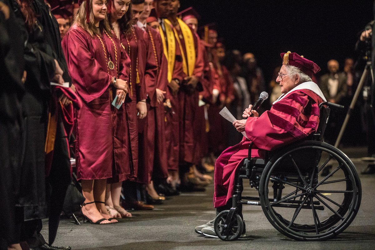 LoyolaChicago's tweet photo. Three #LoyolaChicago schools celebrated their #Classof2018 grads today. And Sister Jean was there to send them off! See photos from the @LoyolaQuinlan, @LoyolaSCPS, and @Loyola_SOC ceremonies: https://t.co/idswnC9YXV. https://t.co/jZWNz2WxcE