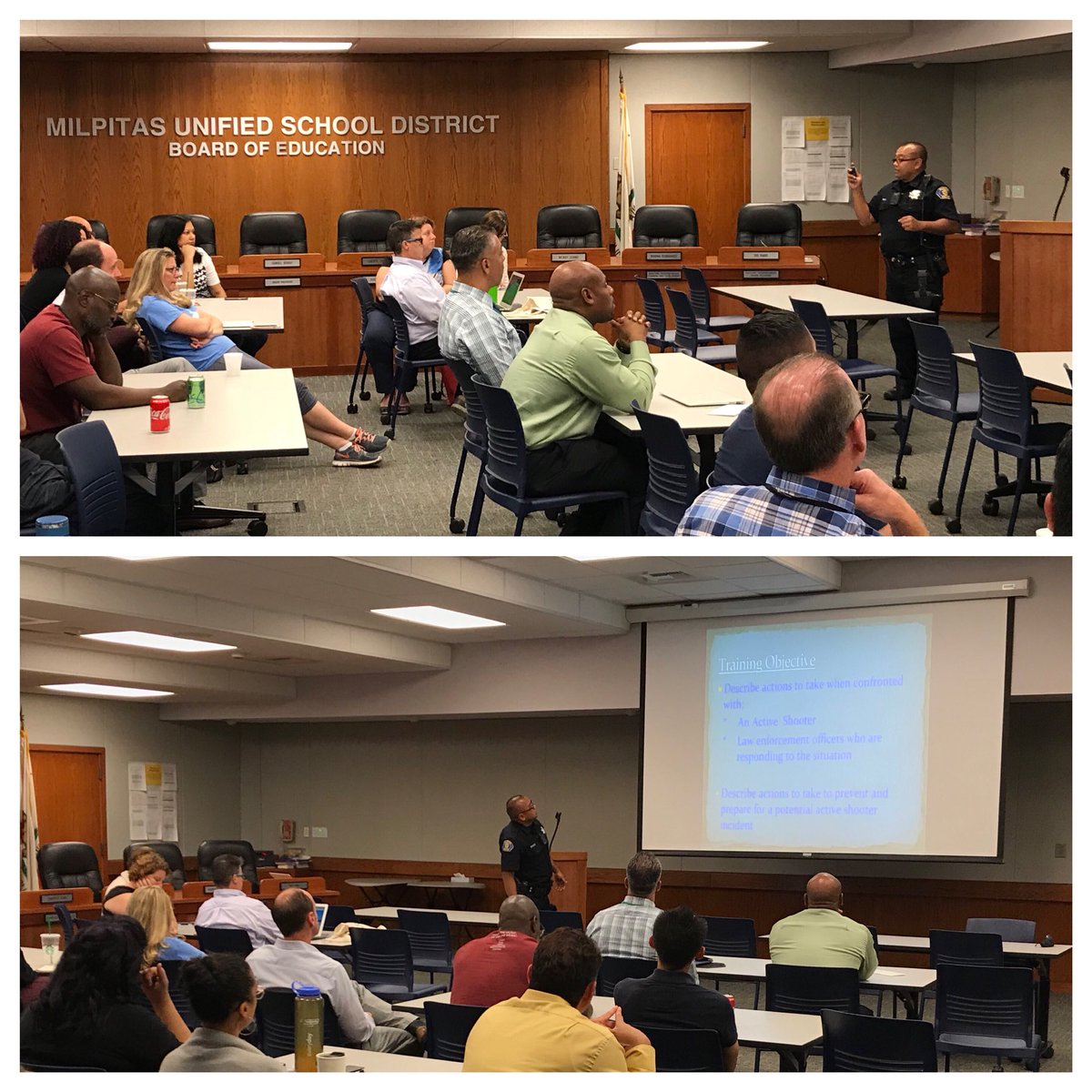 MilpitasPD's tweet photo. This afternoon Ofc Muok gave our “Run-Hide-Fight” presentation to @MilpitasUnified School District staff. We appreciate the opportunity to help train the MUSD staff to be better prepared for a worse case scenario. #MilpitasPD https://t.co/SBouigtdqR