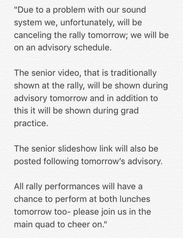 classof18_fhs's tweet photo. Regarding the rally being cancelled: https://t.co/5Ex6zjDCl5