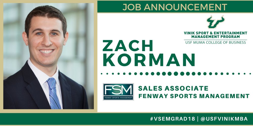USFVinikMBA's tweet photo. JOB ALERT: Congratulations to Zach Korman who joins Fenway Sports Management (@FenwaySportsMgt) as a Sales Associate! #VSEMGrad18 https://t.co/VBfLYMcy1m