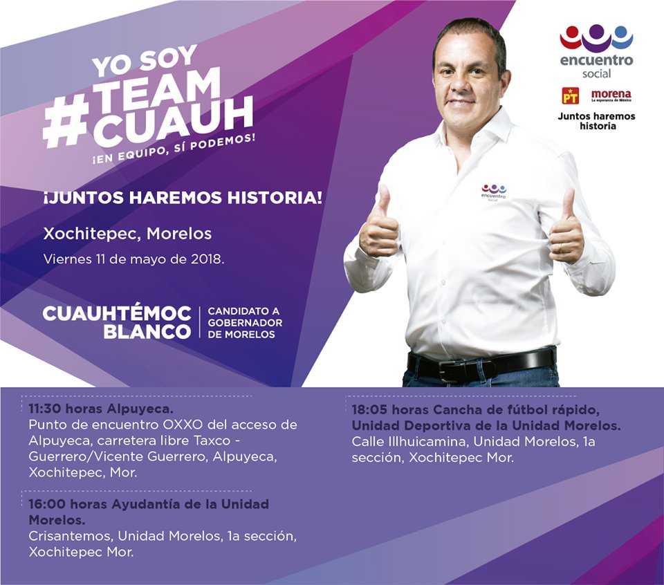 ¡MAÑANA Viernes 11 de mayo, tienes una cita con nosotros en Xochitepec! Te esperamos a partir de las 11:30 de la mañana en Alpuyeca.

#JuntosHaremosHistoria.

Yo soy #TeamCuauh