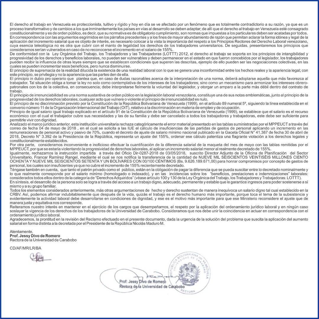 La rectora <a href="/jessydivo/">Jessy Divo De Romero</a> solicitó a la <a href="/opsuoficial/">Opsu Oficial</a>, revisar las tablas salariales relacionadas con la aplicación del incremento exclusivo para los universitarios, así como el aumento general para el sector público nacional decretado el #30Abr