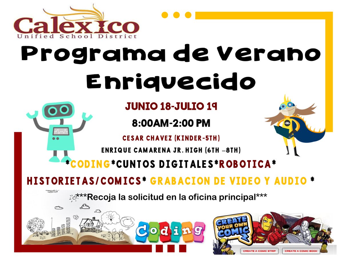 CUSDSPARKS's tweet image. Join us this summer for a fun-filled learning experience! @CalexicoUnified @CaELPrograms @lpadillajr @jesush1979 @ChristineColun2 @eramirezmiranda @ImperialCOE #summerlearning #ASES #summerlearningloss